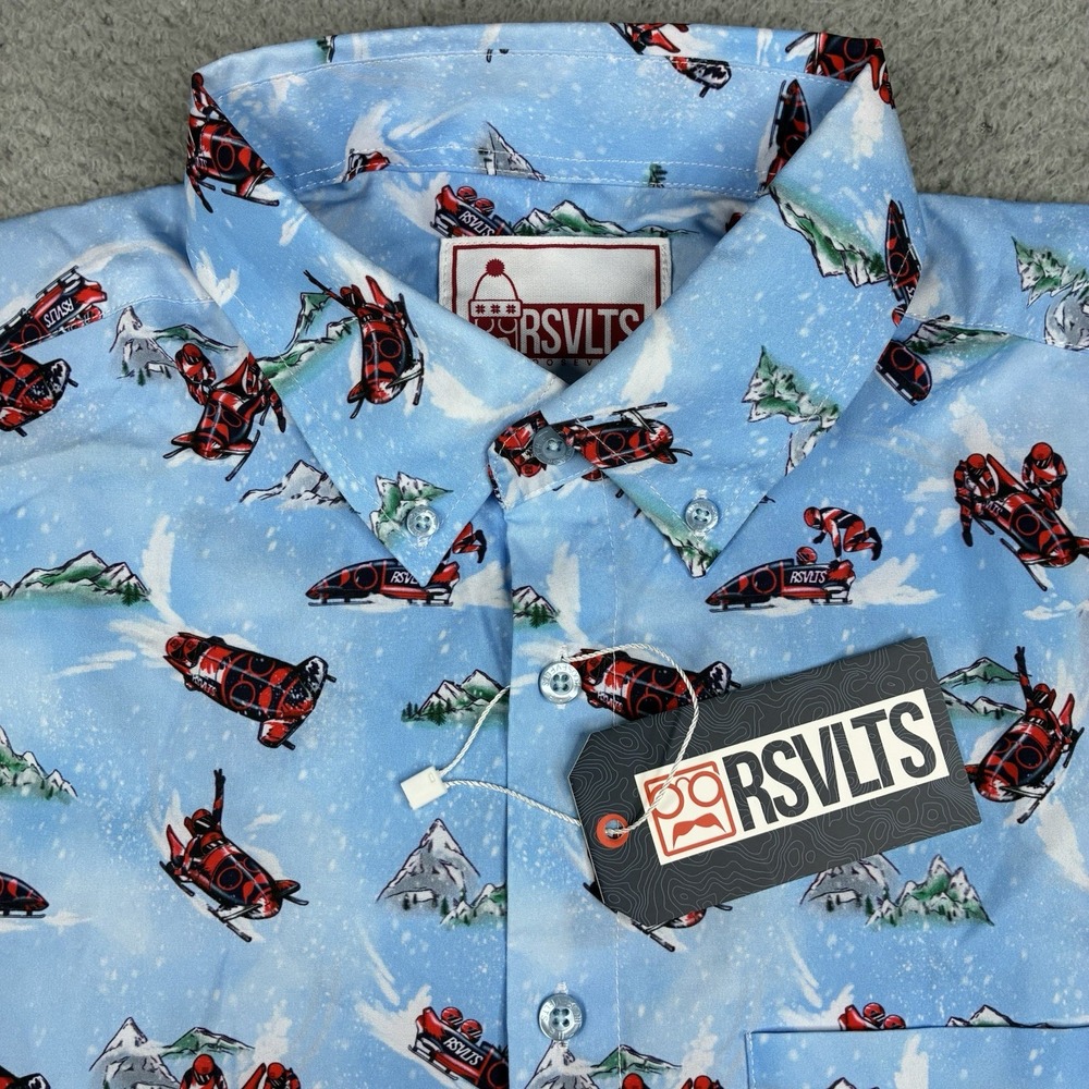RSVLTS KUNUFLEX Button-Up Shirt Men's Medium Blue Winter Olympics Downhill NWT